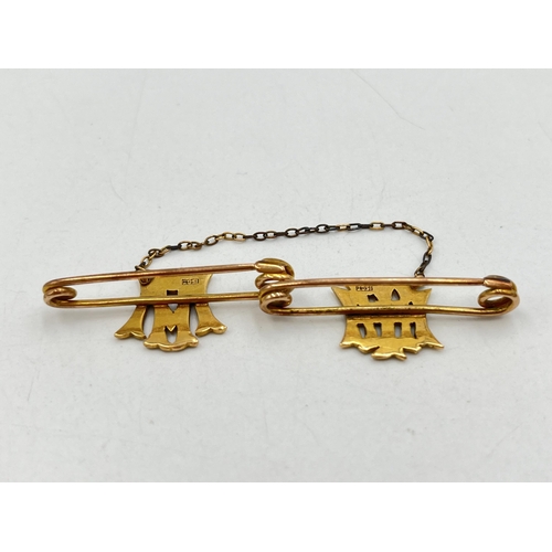 2052 - Two late 19th/early 20th century 15ct gold and seed pearl initial monogram pin brooches - approx. gr... 