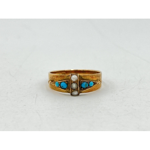 2066 - A hallmarked Birmingham 15ct gold turquoise and seed pearl ring, size O½ - approx. gross weight 2.7g