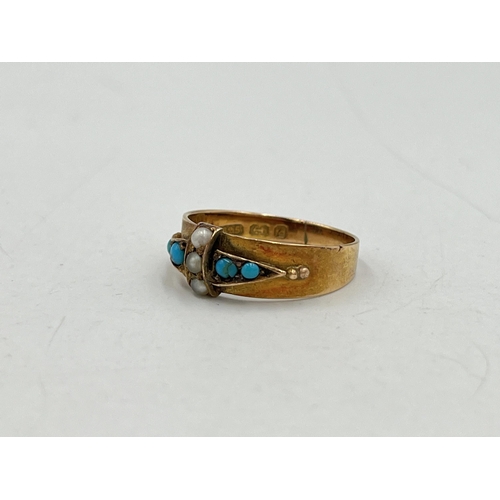 2066 - A hallmarked Birmingham 15ct gold turquoise and seed pearl ring, size O½ - approx. gross weight 2.7g