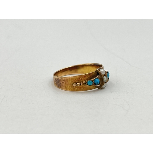 2066 - A hallmarked Birmingham 15ct gold turquoise and seed pearl ring, size O½ - approx. gross weight 2.7g