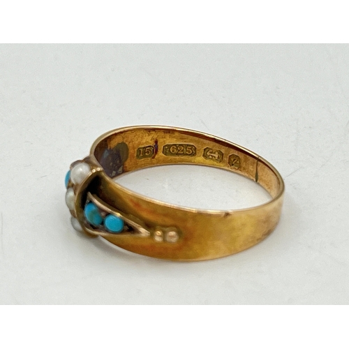 2066 - A hallmarked Birmingham 15ct gold turquoise and seed pearl ring, size O½ - approx. gross weight 2.7g