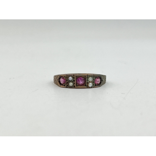 2068 - A Victorian hallmarked Chester 9ct gold seed pearl and pink gemstone foliate etched ring, dated 1898... 