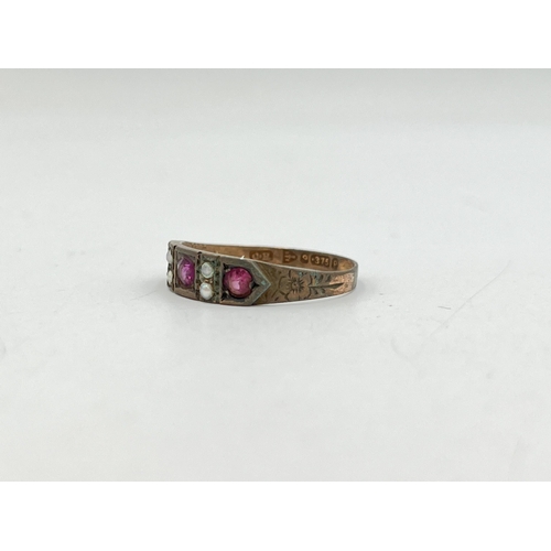 2068 - A Victorian hallmarked Chester 9ct gold seed pearl and pink gemstone foliate etched ring, dated 1898... 