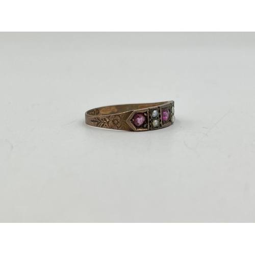 2068 - A Victorian hallmarked Chester 9ct gold seed pearl and pink gemstone foliate etched ring, dated 1898... 