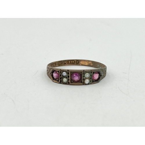 2068 - A Victorian hallmarked Chester 9ct gold seed pearl and pink gemstone foliate etched ring, dated 1898... 