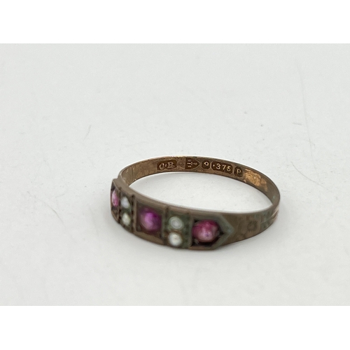 2068 - A Victorian hallmarked Chester 9ct gold seed pearl and pink gemstone foliate etched ring, dated 1898... 