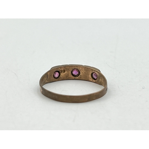 2068 - A Victorian hallmarked Chester 9ct gold seed pearl and pink gemstone foliate etched ring, dated 1898... 