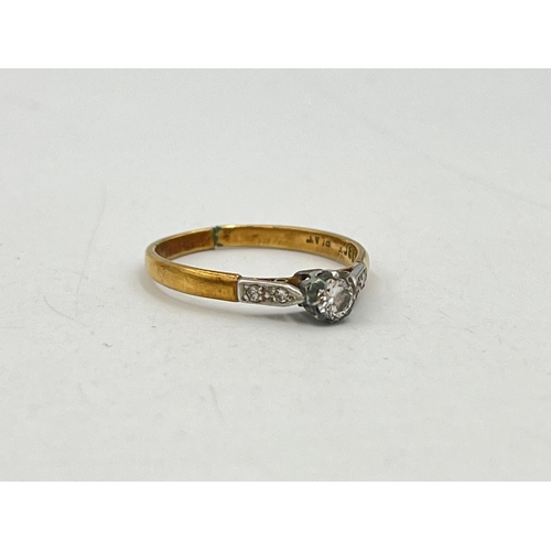 2072 - An 18ct gold and platinum diamond solitaire ring with diamond set shoulders, size P½ - approx. gross... 