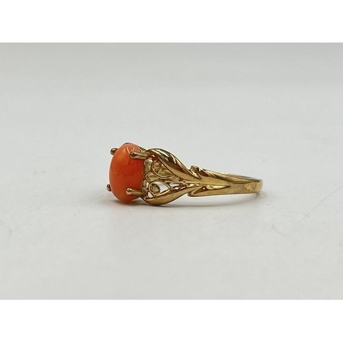 2080 - A QVC hallmarked Birmingham 9ct gold pink coral ring, size N½ - approx. gross weight 2.2g