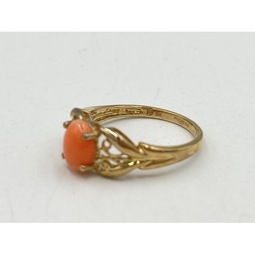 2080 - A QVC hallmarked Birmingham 9ct gold pink coral ring, size N½ - approx. gross weight 2.2g