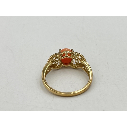 2080 - A QVC hallmarked Birmingham 9ct gold pink coral ring, size N½ - approx. gross weight 2.2g