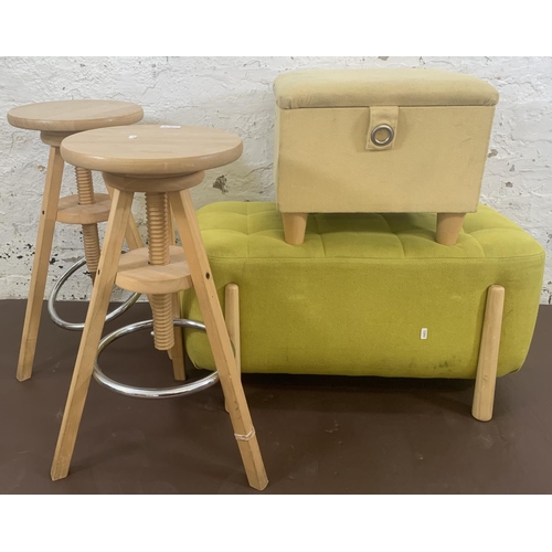 66 - Four pieces of modern furniture, two beech height adjustable bar stools, one yellow fabric upholster... 