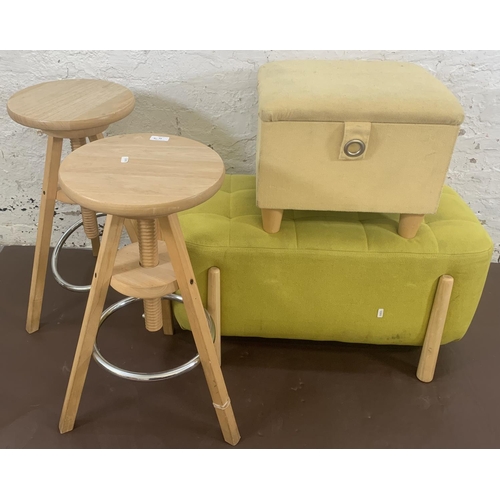 66 - Four pieces of modern furniture, two beech height adjustable bar stools, one yellow fabric upholster... 