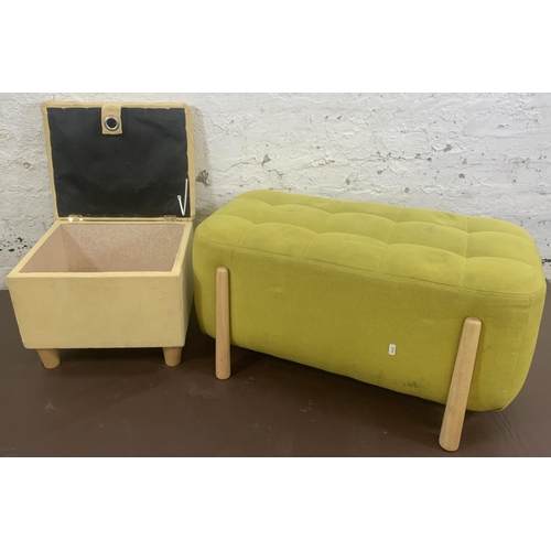 66 - Four pieces of modern furniture, two beech height adjustable bar stools, one yellow fabric upholster... 