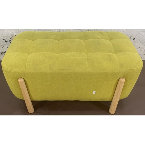 66 - Four pieces of modern furniture, two beech height adjustable bar stools, one yellow fabric upholster... 