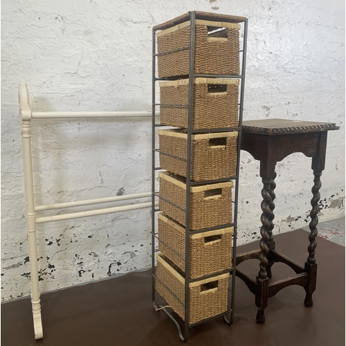 68 - Three pieces of furniture, one Victorian white painted towel rail, one early 20th century oak barley... 