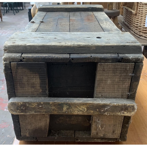 70 - A 19th century stained pine toolbox/storage chest - approx. 33cm high x 79cm wide x 35cm deep