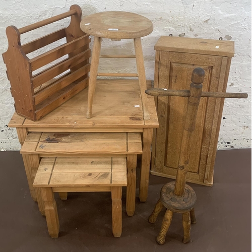 72 - Five pieces of furniture, one late 19th/early 20th century elm dolly peg, one pine wall mountable si... 