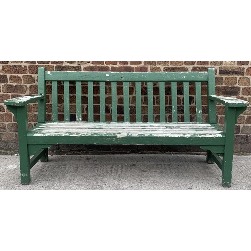 82 - A green painted wooden slatted garden bench - approx. 83cm high x 166cm wide x 65cm deep