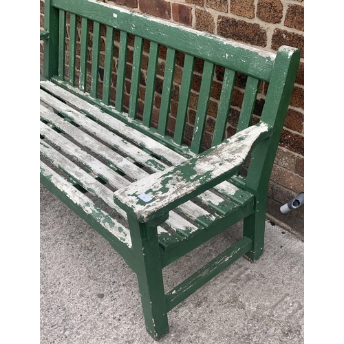 82 - A green painted wooden slatted garden bench - approx. 83cm high x 166cm wide x 65cm deep