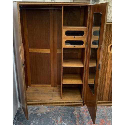 89 - A mid 20th century Art Deco style walnut and maple three piece bedroom suite