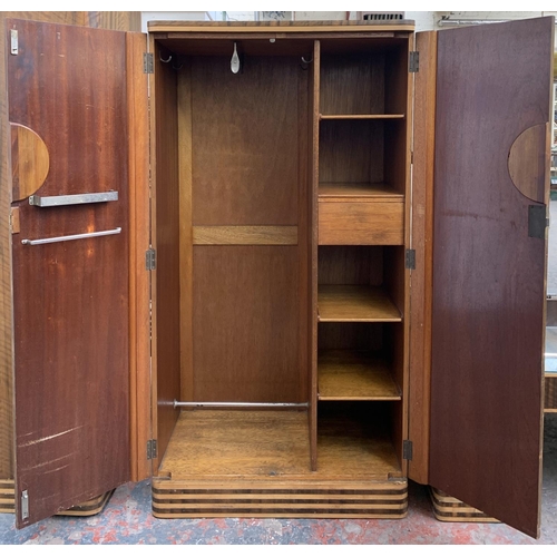 89 - A mid 20th century Art Deco style walnut and maple three piece bedroom suite