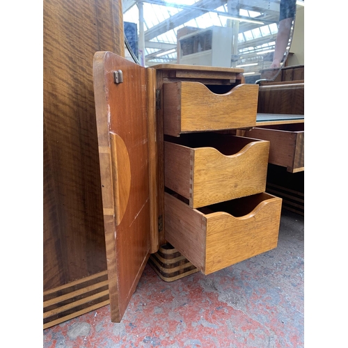 89 - A mid 20th century Art Deco style walnut and maple three piece bedroom suite