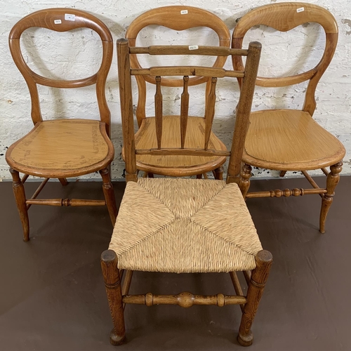 90 - Four 19th century occasional chairs, three beech balloon back and one elm rush seated