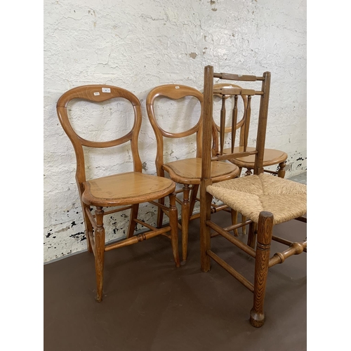 90 - Four 19th century occasional chairs, three beech balloon back and one elm rush seated