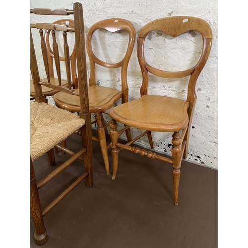 90 - Four 19th century occasional chairs, three beech balloon back and one elm rush seated