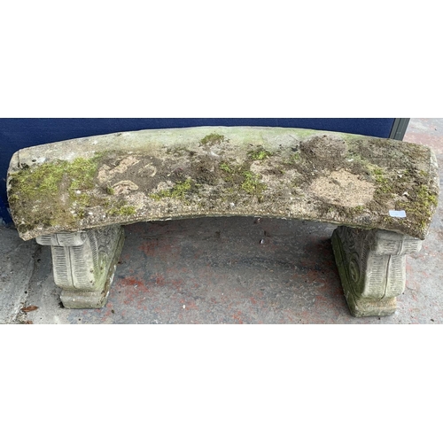 95 - A cast stone curved top twin pedestal garden bench - approx. 44cm high x 126cm wide x 39cm deep