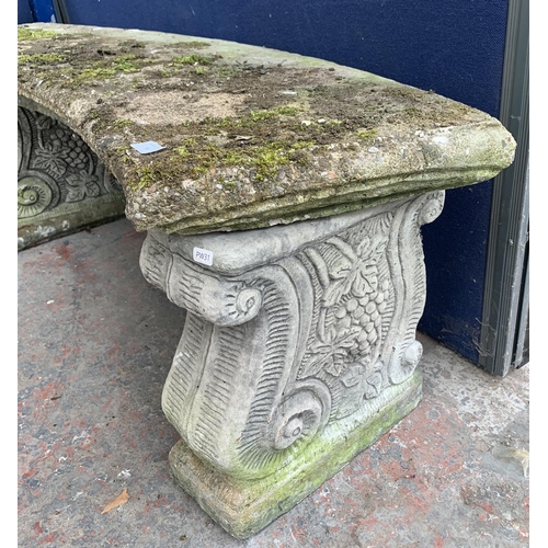 95 - A cast stone curved top twin pedestal garden bench - approx. 44cm high x 126cm wide x 39cm deep