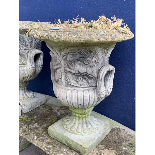 97 - A pair of cast stone urn pedestal garden planters - approx. 48cm high x 38cm diameter