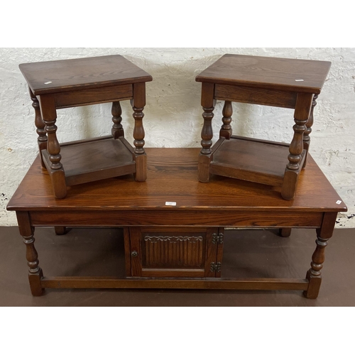 122 - An Old Charm carved oak nest of three tables - approx. 46cm high x 51cm wide x 122cm long