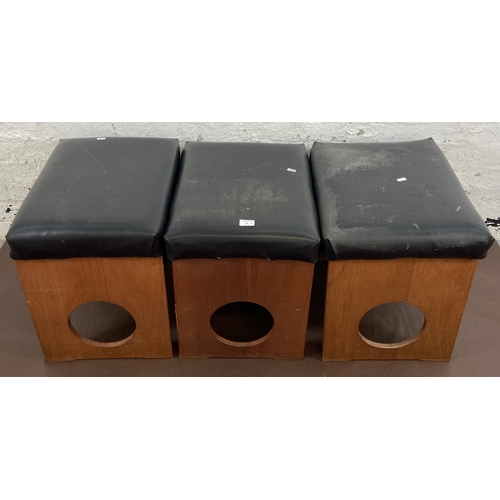 18 - Three mid 20th century teak and black vinyl dressing table stools - approx. 50cm high x 53cm wide x ... 