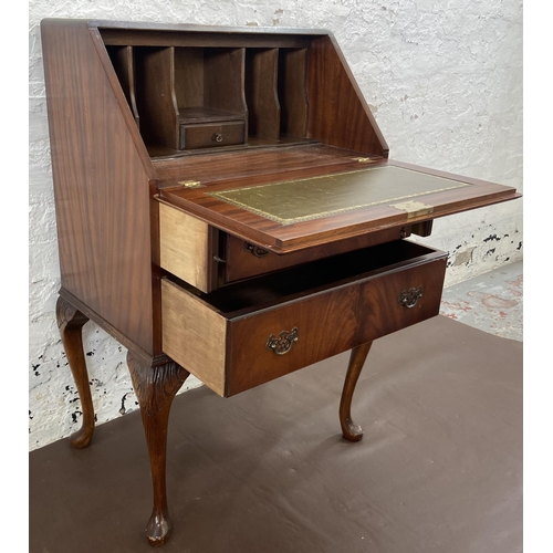 27 - A mahogany bureau on cabriole supports with fall front and green leather writing surface - approx. 1... 