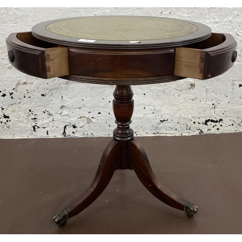 36 - A Regency style mahogany and green leather drum table - approx. 59.5cm high x 50cm diameter