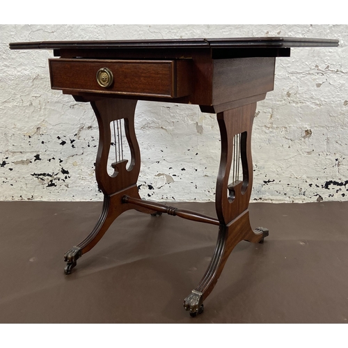 43 - A J. Sydney Smith mahogany drop leaf lyre end side table - approx. 55cm high x 66cm wide x 40cm deep