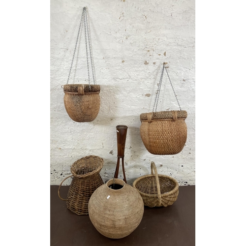 52 - Six pieces of furniture, three wicker hanging baskets/planters, two wicker handled baskets and one b... 