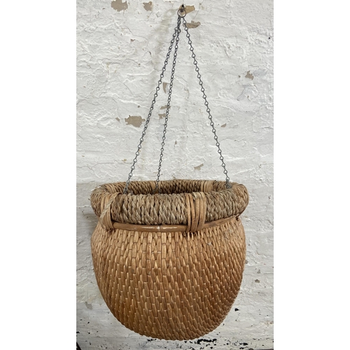 52 - Six pieces of furniture, three wicker hanging baskets/planters, two wicker handled baskets and one b... 