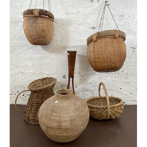 52 - Six pieces of furniture, three wicker hanging baskets/planters, two wicker handled baskets and one b... 