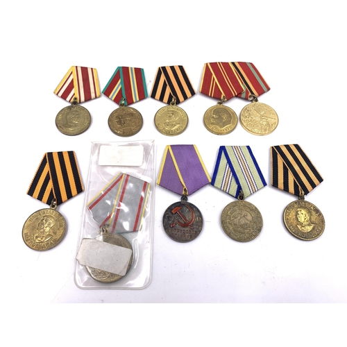 2215 - Ten USSR medals to include For The Victory Over Germany, For The Defence of Caucasus, For Distinguis... 