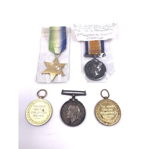 2216 - Five British medals, one WWI War presented to Pte H.J. Dowdall 2nd I.L.H., one WWI War presented to ... 