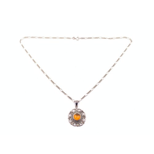 2095A - Three pieces of .925 silver jewellery, one amber pendant necklace, one amber brooch and one filigree... 