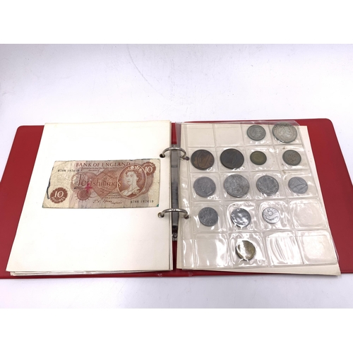 2107 - A collection of European coins and banknotes to include Bank of England ten shillings, 1929 George V... 