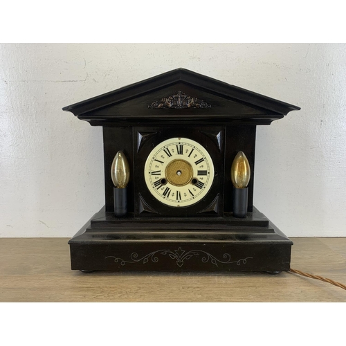 19 - A 19th century black painted wooden mantel clock/converted lamp - approx. 35cm high  x39cm wide