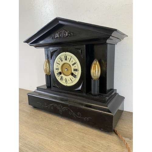 19 - A 19th century black painted wooden mantel clock/converted lamp - approx. 35cm high  x39cm wide