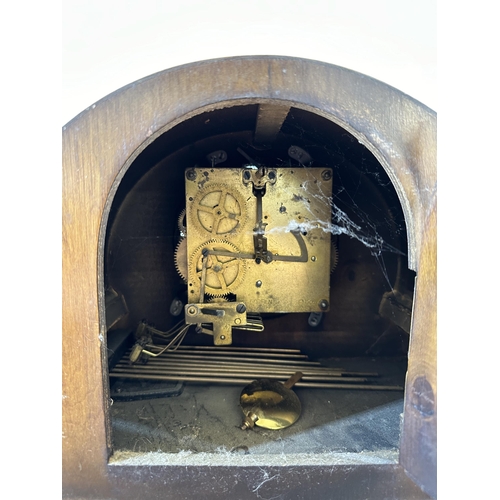 259 - An Art Deco oak cased Westminster chime mantel clock - approx. 23cm high x 6cm wide x 17cm deep