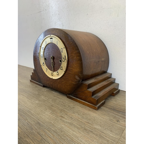 259 - An Art Deco oak cased Westminster chime mantel clock - approx. 23cm high x 6cm wide x 17cm deep