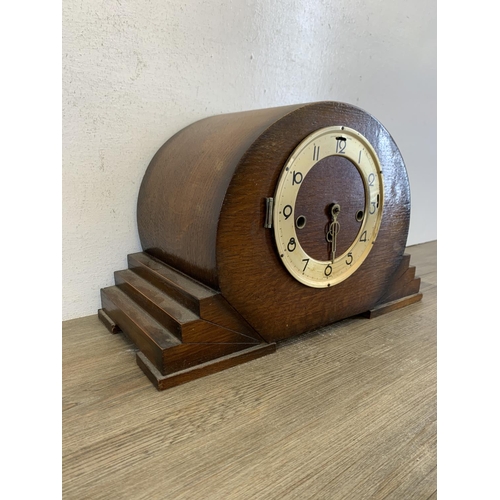 259 - An Art Deco oak cased Westminster chime mantel clock - approx. 23cm high x 6cm wide x 17cm deep